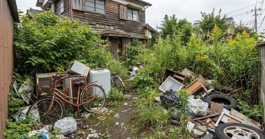 雑草が茂り、ゴミが投棄された空き家の庭の写真