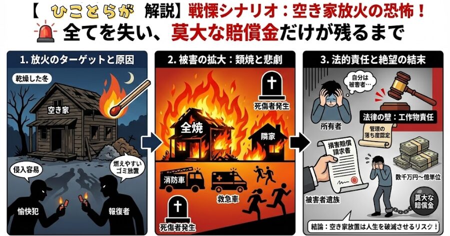 【戦慄シナリオ2】最も恐ろしい「放火」。全てを失い、莫大な賠償金だけが残る
空き家リスクの中で、最も恐ろしく、かつ最も発生件数が多いのが「放火」です。
放火犯のターゲットは、金品目的の侵入者だけではありません。ストレス発散目的の愉快犯や、あるいは、あなたが気づかない間に生じていた近隣トラブルの報復として、火をつけられる可能性だってあるのです。
乾燥した冬の夜、燃えやすい木造の空き家に火が放たれれば、あっという間に全焼します。しかし、恐怖はそれだけではありません。
もし、その火が隣の家まで燃え広がり（類焼）、最悪の場合、死傷者が出てしまったらどうなるでしょうか？
あなたはこう思うかもしれません。
「自分は被害者だ。火をつけた犯人が悪い」と。
しかし、法律はそう甘くはありません。
空き家の所有者には、建物を適切に管理する「工作物責任」があります。
もし、「誰でも簡単に入れる状態だった」「燃えやすいゴミを放置していた」など、あなたの管理に落ち度があったと判断されれば、「知らなかった」では済まされません。
被害者遺族から、数千万円、あるいは億単位の莫大な損害賠償を請求されるリスクが、あなたにのしかかってくるのです。
インフォグラフィック