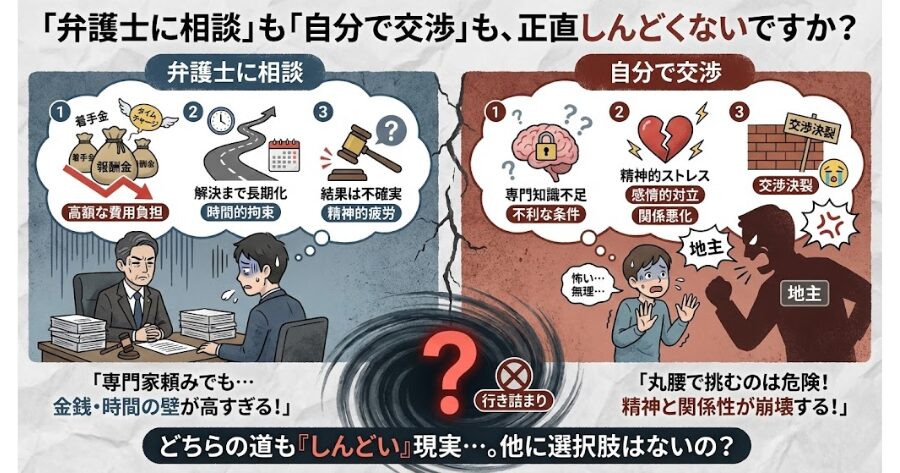 「弁護士に相談」も「自分で交渉」も、正直しんどくないですか?
インフォグラフィック