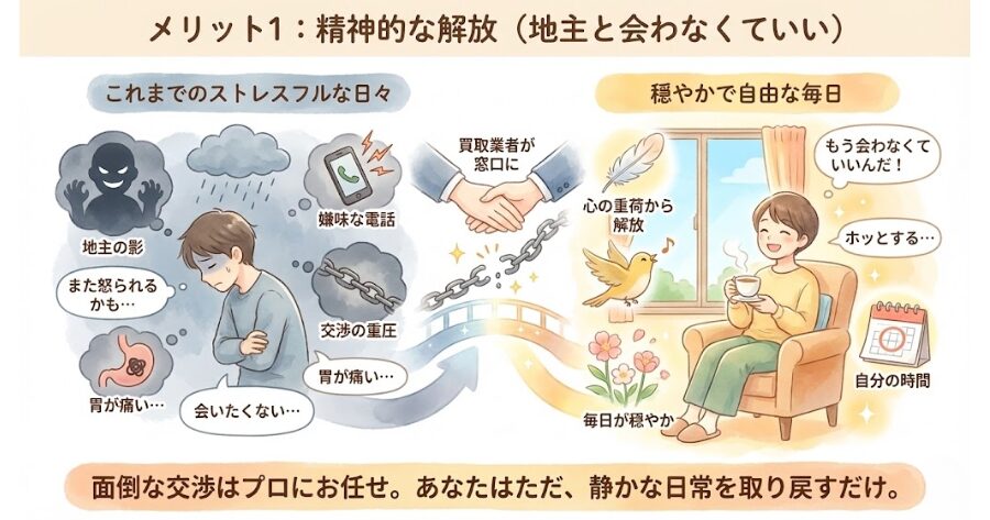 メリット1:精神的な解放(地主と会わなくていい)
インフォグラフィック