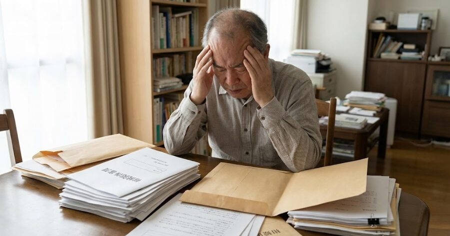 「相続書類を見て頭を抱えている人」のイメージ写真
