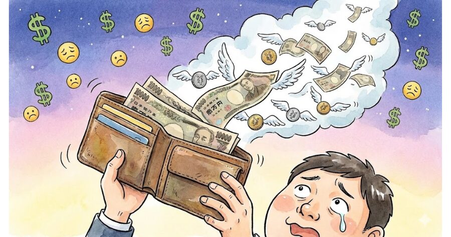 「財布からお金が飛んでいく」イラスト