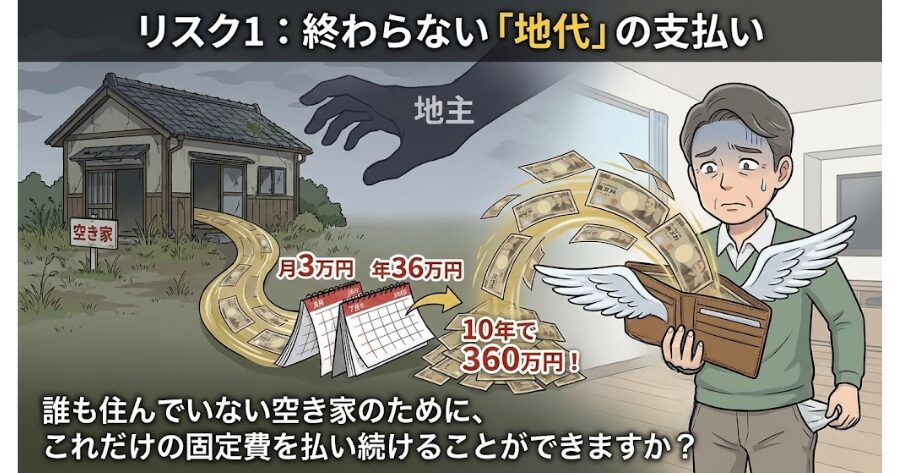 リスク1:終わらない「地代」の支払い
あなたが実家に住んでいようがいまいが、関係ありません。借地権を持っている限り、毎月必ず「地代」を地主に支払わなければなりません。
仮に地代が月3万円だとしましょう。年間で36万円。10年間放置すれば、それだけで360万円もの大金が、あなたの財布から消えていくのです。
誰も住んでいない空き家のために、これだけの固定費を払い続けることができますか?
イラスト