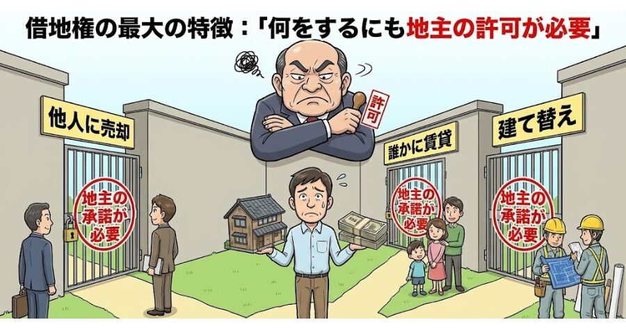 借地権の最大の特徴は、「何をするにも地主の許可が必要」という点です。 他人(第三者)に売却したい
誰かに貸して家賃収入を得たい
古くなったので建て替えたい
これら全てにおいて、地主の承諾が必要です。
上記をイメージするイラスト