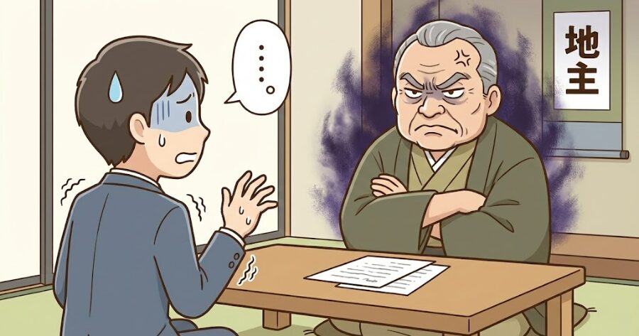 「強面な地主（イメージ）と対峙して緊張している人」のイラスト
