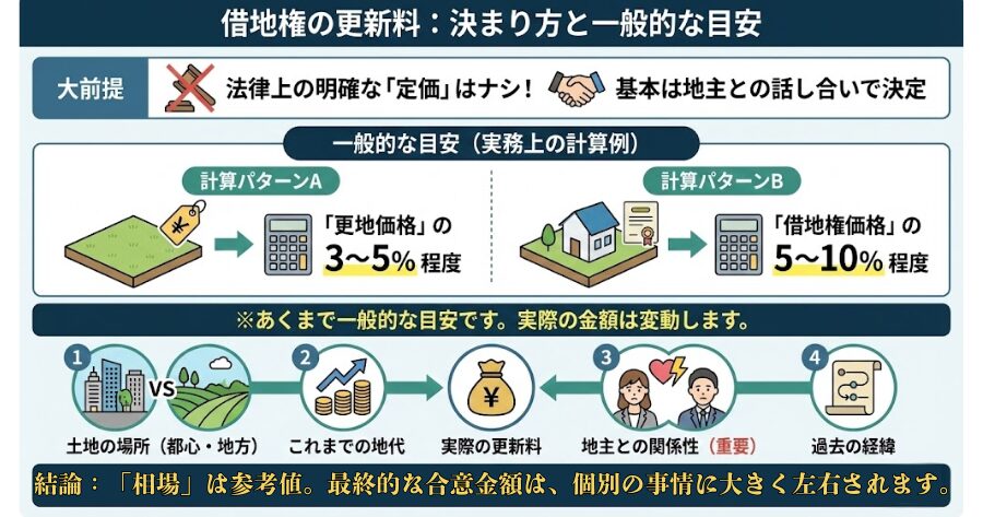 A：法律上の明確な決まりはありませんが、「更地価格の3〜5%」程度が一般的な目安と言われています。
まず大前提として、借地権の更新料には、法律で定められた「定価」のようなものはありません。基本的には、地主と借地人（あなた）の話し合いで決めることになります。
とはいえ、全く基準がないわけではありません。実務上は、以下のいずれかで計算されるケースが多いです。  更地価格の3〜5%程度
借地権価格の5〜10%程度
ただし、これらはあくまで一般的な目安に過ぎません。実際の更新料は、土地の場所（都心部か地方か）、これまでの地代の金額、そして何より「地主との関係性」や「過去の経緯」によって大きく異なります。
そのため、「相場はこれくらいだから」といって、必ずしもその金額で合意できるとは限らない点に注意が必要です。
上記を要約したインフォグラフィック