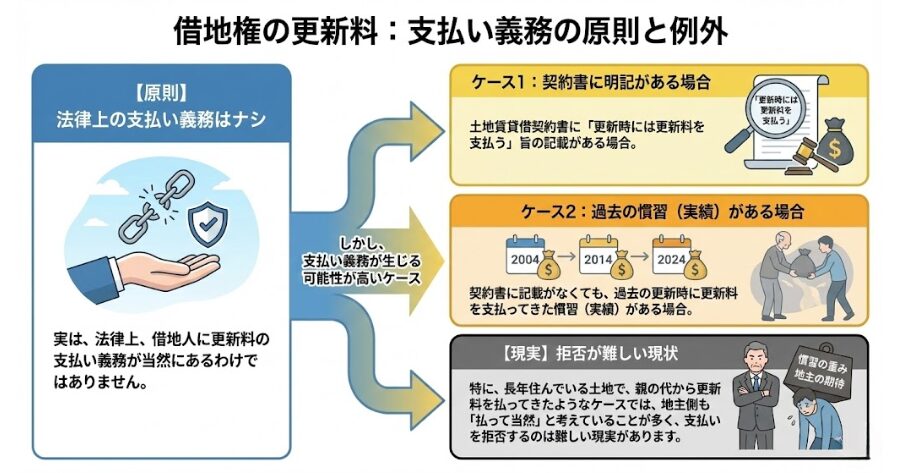 可能性が高いです。  実は、法律上、借地人に更新料の支払い義務が当然にあるわけではありません。  しかし、以下のいずれかに当てはまる場合は、支払い義務が生じる可能性が高くなります。  土地賃貸借契約書に「更新時には更新料を支払う」旨の記載がある場合  契約書に記載がなくても、過去の更新時に更新料を支払ってきた慣習（実績）がある場合  特に、長年住んでいる土地で、親の代から更新料を払ってきたようなケースでは、地主側も「払って当然」と考えていることが多く、支払いを拒否するのは難しい現実があります。
上記を要約したインフォグラフィック