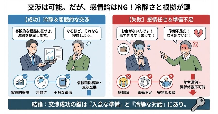 A：交渉自体は可能です。ただし、感情論は通用しません。客観的な根拠を持って冷静に交渉する必要があります。  提示された金額が高すぎると感じる場合、減額交渉をすること自体は問題ありません。  しかし、「お金がないからまけてほしい」「高すぎるから払えない」といった感情論だけでは、地主は納得してくれません。相手は不動産のプロ（地主）です。準備不足のまま安易に交渉に臨むと、痛い目を見ることになります。  あるご相談者様は、準備不足のまま感情的に「安くして！」と訴えた結果、地主を怒らせてしまい、逆に「なら出ていけ！」と強い口調で言われ、関係が修復不可能になってしまったそうです。交渉には何よりも冷静さと準備が必要です。
上記を要約したインフォグラフィック