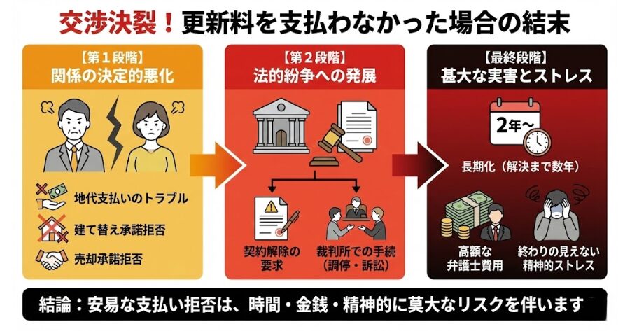 A：地主との関係は決定的に悪化します。最悪の場合、裁判などに発展し、多大な時間とストレスがかかります。  もし、交渉が決裂し、あなたが更新料を支払わなかった場合、どうなるのでしょうか？  まず間違いなく、地主との関係は決定的に悪化します。今後の地代の支払いや、建て替え、売却の承諾など、あらゆる場面で地主の協力が得られなくなるでしょう。  さらに、地主が強硬な姿勢に出た場合、契約解除を求められたり、更新料の金額を巡って裁判所での手続き（借地非訟や調停）に発展したりするリスクがあります。  私の知人のケースですが、交渉が決裂して最終的に裁判になり、解決まで2年もかかってしまいました。その間の弁護士費用と、終わりの見えない精神的ストレスは相当なものだったそうです。
上記を要約したインフォグラフィック