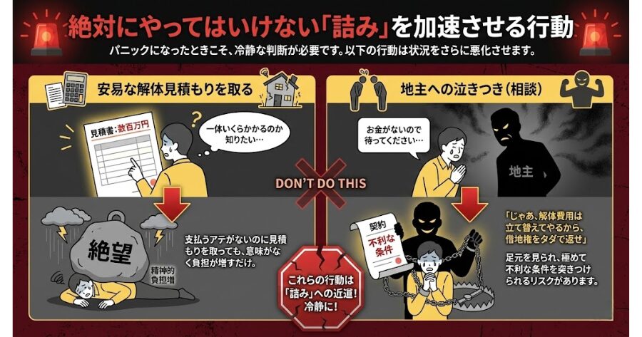 絶対にやってはいけない「詰み」を加速させる行動  パニックになったときこそ、冷静な判断が必要です。以下の行動は、あなたの状況をさらに悪化させるだけなので、絶対にやめてください。  安易な解体見積もりを取る: 「一体いくらかかるのか知りたい」という気持ちは分かります。しかし、数百万円の見積書を突きつけられても絶望するだけです。支払うアテがないのに見積もりを取っても、精神的な負担が増すだけで意味がありません。  地主への泣きつき（相談）: 「お金がないので待ってください」と地主に相談するのは危険です。足元を見られ、「じゃあ、解体費用は立て替えてやるから、借地権をタダで返せ」といった、あなたに極めて不利な条件を突きつけられるリスクがあります。
インフォグラフィック