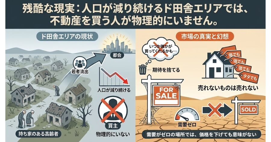 残酷なようですが、人口が減り続けるド田舎エリアでは、不動産を買う人が物理的にいません。  地元の若者は都会に出ていき、残っているのは持ち家のある高齢者ばかり。  「いつか誰かが買ってくれるかも」という期待は、今すぐ捨ててください。  需要がゼロの場所では、どんなに価格を下げても、タダにしても、売れないものは売れないのです。
インフォグラフィック