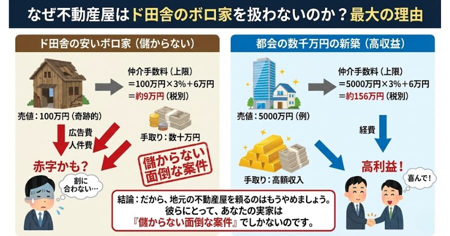 これが最大の理由です。  不動産屋の収入は、物件が売れた時の「仲介手数料（物件価格の3％＋6万円が上限）」です。  例えば、あなたの実家が奇跡的に100万円で売れたとしても、不動産屋の手取りはたったの数十万円。  広告費や人件費を引いたら赤字かもしれません。  数千万円の新築物件が飛ぶように売れる都会とは違い、ド田舎の安いボロ家のために汗水流して動く業者はいないのです。  だから、地元の不動産屋を頼るのはもうやめましょう。  彼らにとって、あなたの実家は「儲からない面倒な案件」でしかないのです。
インフォグラフィック