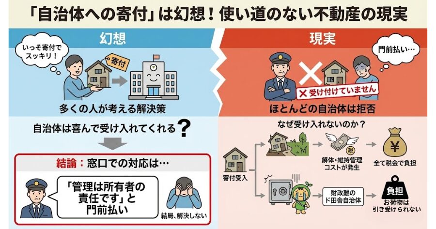 「売れないなら、いっそ市町村に寄付してしまえばいいのでは？」 そう考える人も多いですが、これも残念ながら幻想です。  ほとんどの自治体は、使い道のない土地や建物の寄付を受け付けていません。  なぜなら、寄付を受ければ、その後の解体費用や維持管理コストはすべて税金で賄うことになるからです。  財政難に苦しむド田舎の自治体が、そんな「お荷物」を喜んで引き受けてくれるはずがありません。  窓口に相談に行っても、「管理は所有者の責任です」と門前払いされるのがオチです。
インフォグラフィック