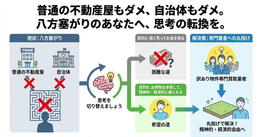 普通の不動産屋もダメ、自治体もダメ。  八方塞がりに思えるかもしれません。  ここで、思考を切り替えましょう。 あなたの目的は「高く売ってお金を得ること」ですか？  それとも、「このお荷物を手放して、精神的にも経済的にも楽になること」ですか？  後者なら、希望はあります。  普通の仲介業者ではなく、「訳あり物件」を専門に買い取る業者に丸投げしてしまうのです。
インフォグラフィック