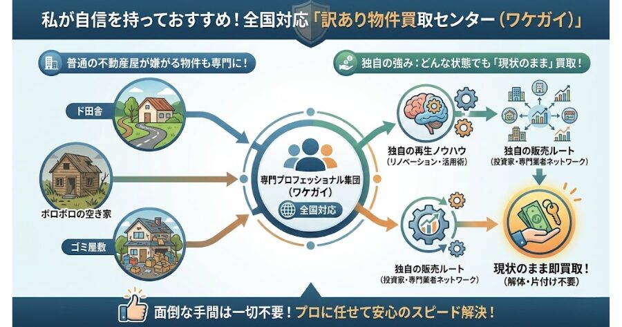 私が自信を持っておすすめするのが、全国対応の「訳あり物件買取センター（通称：ワケガイ）」です。  彼らは、普通の不動産屋が嫌がるような「ド田舎」「ボロボロの空き家」「ゴミ屋敷」などを専門に扱うプロフェッショナル集団です。  独自の再生ノウハウや販売ルートを持っているため、どんな状態の物件でも「現状のまま」買い取ってくれます。
インフォグラフィック
