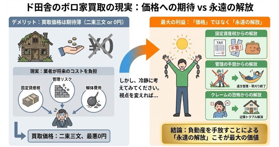 もちろん、うまい話ばかりではありません。  デメリットもしっかりとお伝えします。  ド田舎のボロ家の場合、買取価格には絶対に期待しないでください。  業者は、あなたが負担すべき将来の固定資産税や管理リスク、場合によっては解体費用を引き受けます。そのため、買取価格は「二束三文」、最悪の場合は「0円（無償譲渡）」になる可能性も高いです。  しかし、冷静に考えてみてください。  タダでも手放せれば、来年から固定資産税を払う必要がなくなります。遠方まで草刈りに行く手間も、近隣からのクレームに怯える日々も、すべて終わるのです。  「価格」ではなく、「永遠の解放」を手に入れる。  これこそが、ド田舎の負動産を抱えるあなたにとって、最大の利益ではないでしょうか。
インフォグラフィック