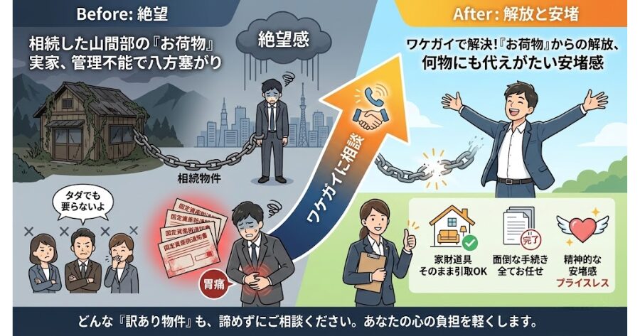 父が亡くなり、山間部にあるポツンと一軒家のような実家を相続しました。私は東京に住んでおり、管理なんて到底無理。地元の不動産屋を何軒か回りましたが、「こんな場所、タダでも誰もいらないよ」と鼻で笑われ、絶望していました。  毎年届く固定資産税の通知を見るたびに胃が痛くなり、「もうお金なんていらないから、誰か引き取ってくれ」と祈るような気持ちでワケガイさんに相談しました。  結果、価格はほぼ付きませんでしたが、家財道具もそのままで引き取ってもらえました。面倒な手続きも全てお任せ。何より、あの「お荷物」から解放された精神的な安堵感は、何物にも代えがたいです。
インフォグラフィック
