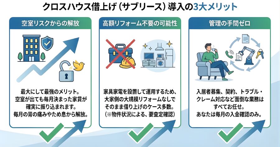 クロスハウスに借上げ導入の3台メリット
インフォグラフィック