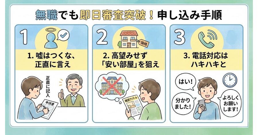 無職のあなたが、即日で審査を突破するための「申し込み手順」
イメージイラスト
