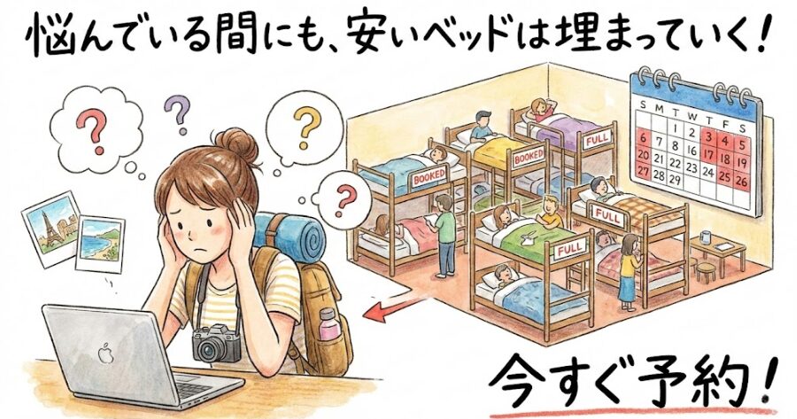 まとめ：悩んでいる間にも、安いベッドは埋まっていく
イメージイラスト
