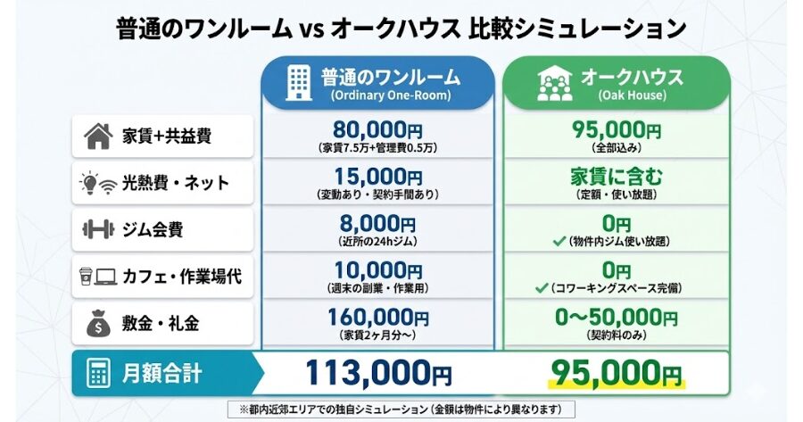 項目普通のワンルームオークハウス家賃+共益費80,000円
(家賃7.5万+管理費0.5万)95,000円
(全部込み)光熱費・ネット15,000円
(変動あり・契約手間あり)家賃に含む
(定額・使い放題)ジム会費8,000円
(近所の24hジム)0円
(物件内ジム使い放題)カフェ・作業場代10,000円
(週末の副業・作業用)0円
(コワーキングスペース完備)敷金・礼金160,000円
(家賃2ヶ月分~)0〜50,000円
(契約料のみ)月額合計113,000円95,000円
スクロールできます
※都内近郊エリアでの独自シミュレーション(金額は物件により異なります)
インフォグラフィック