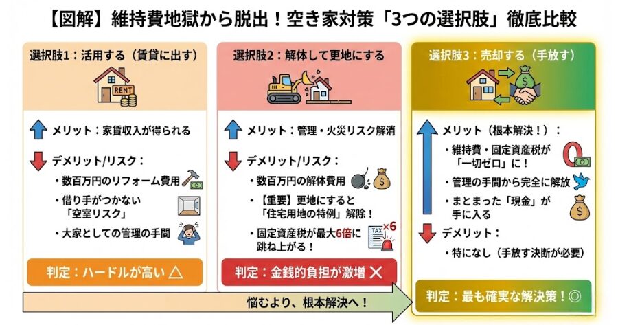 選択肢1：活用する（賃貸に出す）
リフォームして人に貸せば、家賃収入が得られます。しかし、築古の実家の場合、数百万円のリフォーム費用がかかることが多く、借り手がつかないリスク（空室リスク）も伴います。大家業としての管理の手間も増えます。選択肢2：解体して更地にする
建物を解体すれば、管理の手間や火災リスクはなくなります。しかし、解体には数百万円の費用がかかります。さらに、更地にすると前述の「住宅用地の特例」が外れるため、土地の固定資産税が最大6倍に跳ね上がるという大きなデメリットがあります。選択肢3：売却する（手放す）最も根本的で、確実な解決策です。売却すれば、その時点から固定資産税や維持費は一切かからなくなります。管理の手間からも解放され、まとまった現金を手に入れることができます。
インフォグラフィック