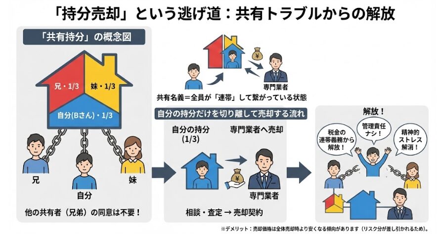 「共有持分」の概念図と、自分の持分だけを切り離して業者に売却する流れを示した図解