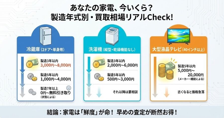 家電の買取相場を示すインフォグラフィック(年式と価格のグラフなど)