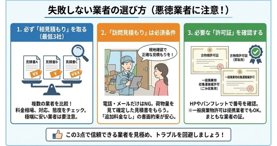 必ず「相見積もり」を取る（最低3社） 面倒でも、1社だけで即決せず、必ず複数の業者から見積もりを取りましょう。料金相場がわかるだけでなく、問い合わせ時の対応やスタッフの態度も比較できます。他社と比べて極端に安すぎる業者にも注意が必要です。
「訪問見積もり」は必須条件 電話やメールだけで、現地の状況を見ずに正確な見積もりを出すのは不可能です。「訪問見積もり無料」の業者を選び、実際に荷物の量を見てもらった上で、確定した見積書をもらいましょう。「もし荷物が増えなければ、後から追加料金は一切かからない」と書面で約束してくれる業者が安心です。
必要な「許可証」を持っているか確認する まともな運営をしている業者は、業務に必要な許可を取得しています。業者のホームページやパンフレットに、以下の許可証番号が記載され古物商許可証： まだ使える家具や家電などを買い取るために必要です。
一般廃棄物収集運搬業許可： 家庭から出るごみを収集・運搬するために不可欠な許可です。（※自社で持っていない場合は、この許可を持つ業者と必ず提携しているはずですので、その点を確認してください）。
インフォグラフィック