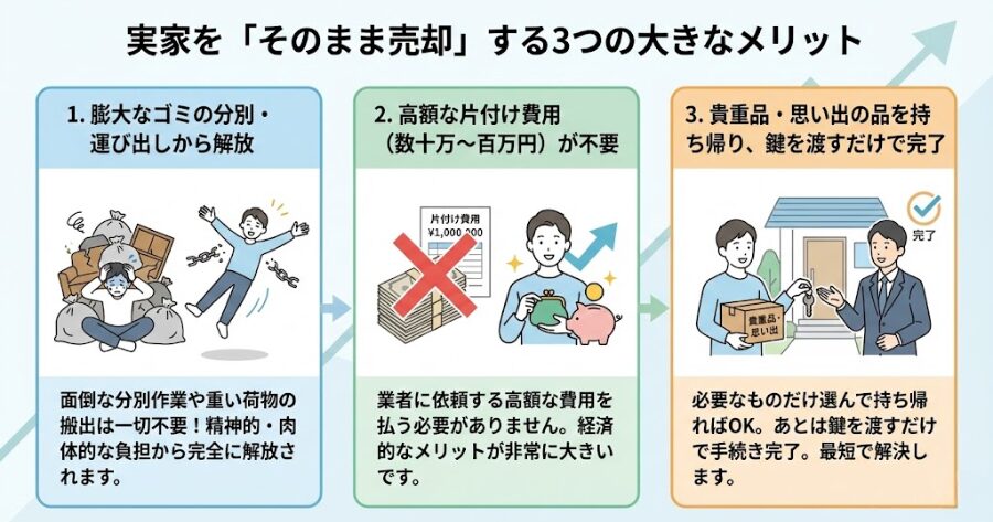 膨大なゴミの分別や運び出しから解放されます。
数十万円～百万円単位の片付け費用を払う必要がありません。
貴重品や思い出の品だけ持ち帰れば、あとは鍵を渡すだけで完了です。
インフォグラフィック