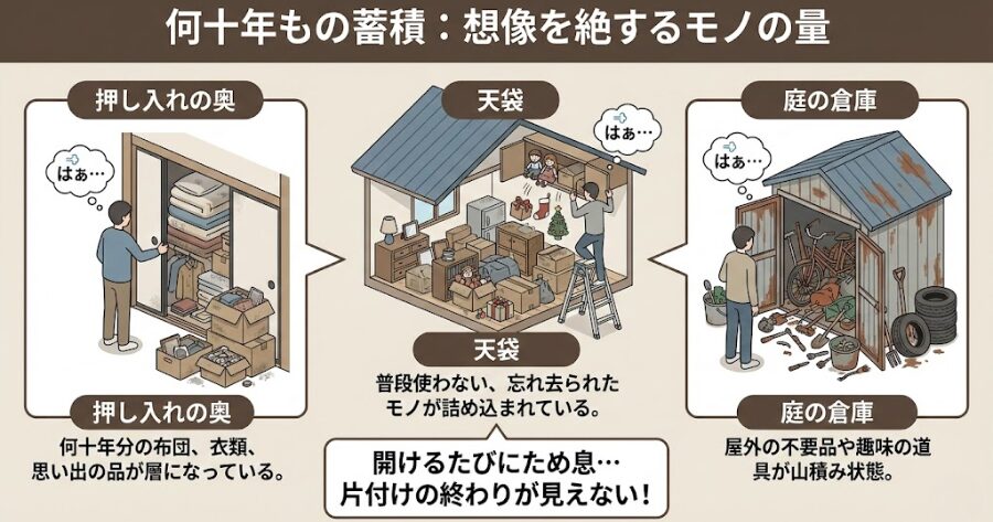 何十年も積み重ねられた生活用品の量は、想像を絶します。
押し入れの奥、天袋、庭の倉庫…開けるたびにため息が出るほどのモノが出てきます。
インフォグラフィック