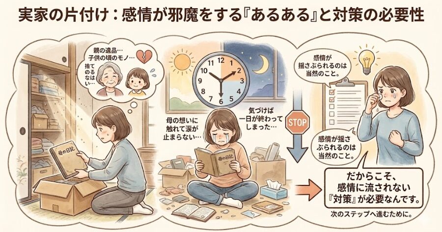 親の遺品や、自分が子供の頃に使っていたモノ。
「捨てるのは忍びない」「親に申し訳ない」という感情が邪魔をして、手が止まってしまいます。
これ、本当にあるあるなんですよね。実は私も経験があります。
実家の片付けを始めた初日、押し入れの奥から母の古い日記が出てきたんです。
何気なく読み始めたら、当時の母の想いに触れて涙が止まらなくなり、気づけばそれだけで一日が終わってしまいました…。
感情が揺さぶられて作業が進まなくなるのは、人間として当然のこと。
だからこそ、対策が必要なんです。
インフォグラフィック