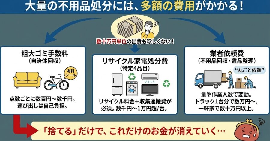 大量の不用品を捨てるにはお金がかかります。
粗大ゴミの手数料、リサイクル家電の処分費、業者の依頼費など、数十万円単位の出費になることも珍しくありません。
インフォグラフィック