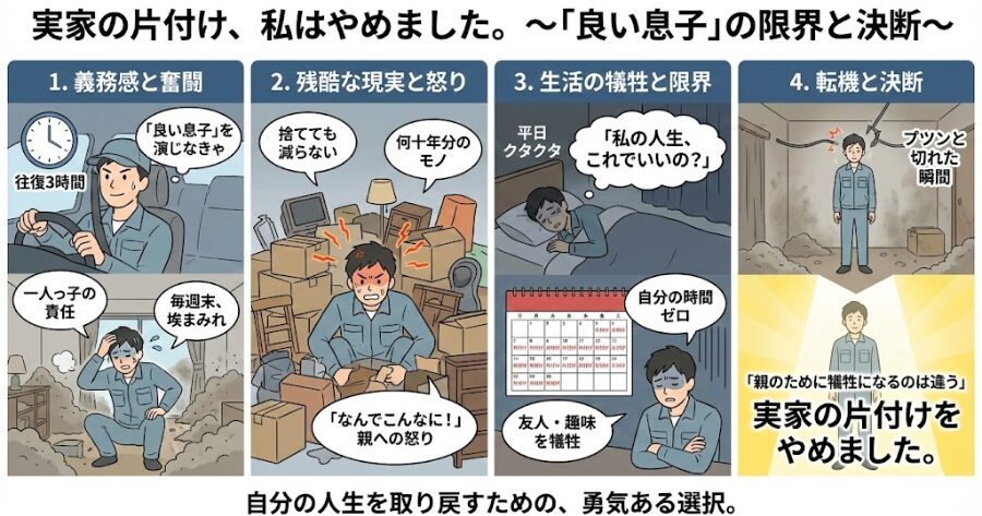 正直に言います。私は、実家の片付けをやめました。  それまでの私は、まさに「良い息子」を演じようと必死でした。母が亡くなり、一人残された父が施設に入居した後、空き家になった実家の管理は、一人っ子である私の肩にのしかかってきました。  最初のうちは、「私がしっかりしなきゃ」と意気込んでいました。毎週末、往復3時間かけて実家に通い、埃まみれになりながら片付けを続けました。  でも、現実は残酷でした。  何十年分もの生活用品、何に使っていたのか分からないガラクタ、親の趣味の収集品…。捨てても捨てても、次から次へとモノが出てくるのです。  「なんでこんなに溜め込んだの！」 「どうして私がこんな目に遭わなきゃいけないの！」  作業が進まないイライラは、いつしか亡くなった親への怒りや、情けなさに変わっていきました。  そして何より、私自身の生活が犠牲になっていくのが辛かった。 平日は仕事でクタクタなのに、休日は実家の片付け。自分のための時間なんてありません。友人との誘いも断り、趣味も楽しめず、ただただ疲弊していくだけの日々。  「私の人生、これでいいの？」  ある日、埃だらけの部屋で一人、呆然と立ち尽くしていた時、プツンと何かが切れました。 親のために、私の現在の生活、そして未来まで犠牲にするのは間違っている。そう気づいた瞬間でした。
インフォグラフィック