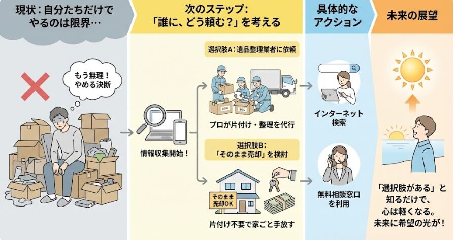 自分たちでやるのをやめたら、次は「誰に、どう頼むか」を考える番です。  遺品整理業者に依頼するのか、それとも後述する「そのまま売却」を検討するのか。インターネットで検索したり、無料の相談窓口を利用したりして、具体的な情報収集を始めましょう。  「自分たち以外にも選択肢があるんだ」と知るだけで、未来に希望の光が見えてくるはずです。
インフォグラフィック