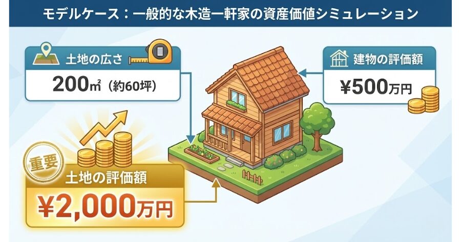 【モデルケース:一般的な木造一軒家】
土地の広さ:200㎡(約60坪)
土地の評価額:2,000万円</strong>建物の評価額:500万円
インフォグラフィック