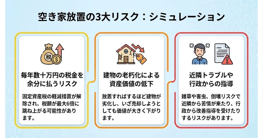毎年数十万円の税金を余分に払うリスク
建物の老朽化による資産価値の低下
近隣トラブルや行政からの指導
インフォグラフィック