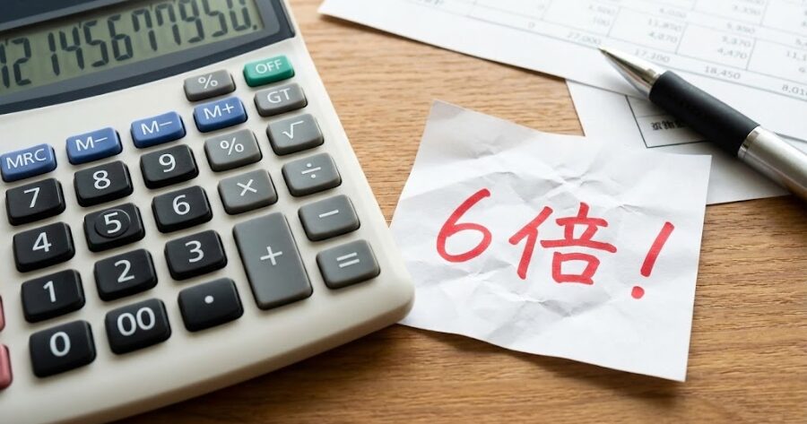 電卓と、赤字で大きく「6倍!」と書かれた紙のイメージ画像。