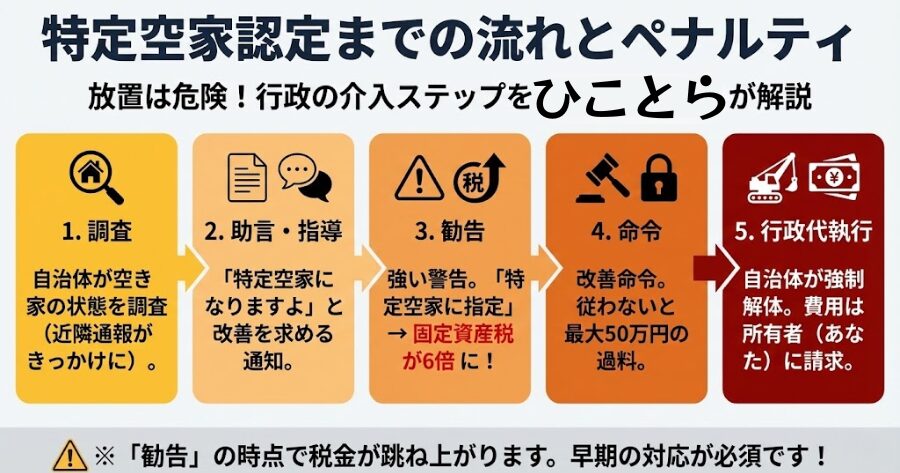 調査: 自治体が空き家の状態を調査します(近隣からの通報がきっかけになることが多いです)。
助言・指導: 「このままでは特定空家になりますよ、改善してください」という通知が来ます。
勧告: 指導に従わない場合、「特定空家に指定します」という強い警告が来ます。この時点で、固定資産税の軽減措置(1/6)が解除され、税金が6倍になります。
命令: 勧告にも従わないと、改善命令が出されます。従わない場合、最大50万円の過料が科せられます。
行政代執行: 最終的に自治体が強制的に解体などを行い、その費用は所有者(あなた)に請求されます。
インフォグラフィック