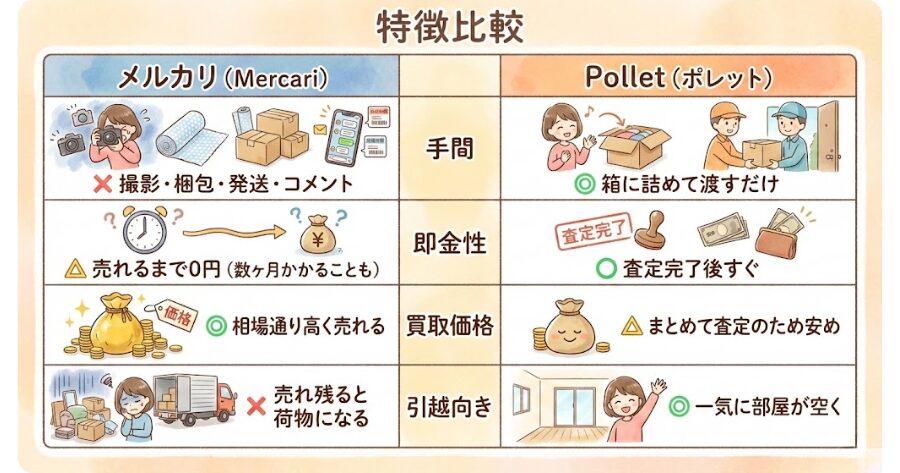 メルカリとPolletの特徴比較インフォグラフィック