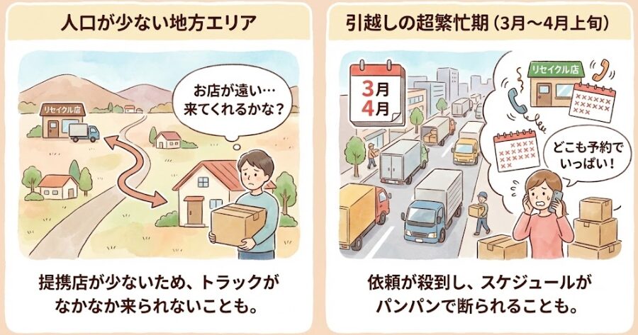 人口が少ない地方エリア: 提携しているリサイクルショップ自体の数が少ないため。
引越しの超繁忙期(3月〜4月上旬): どの業者もスケジュールがパンパンで、新規の依頼を受けられない状態になるため。
上記をイメージするインフォグラフィック