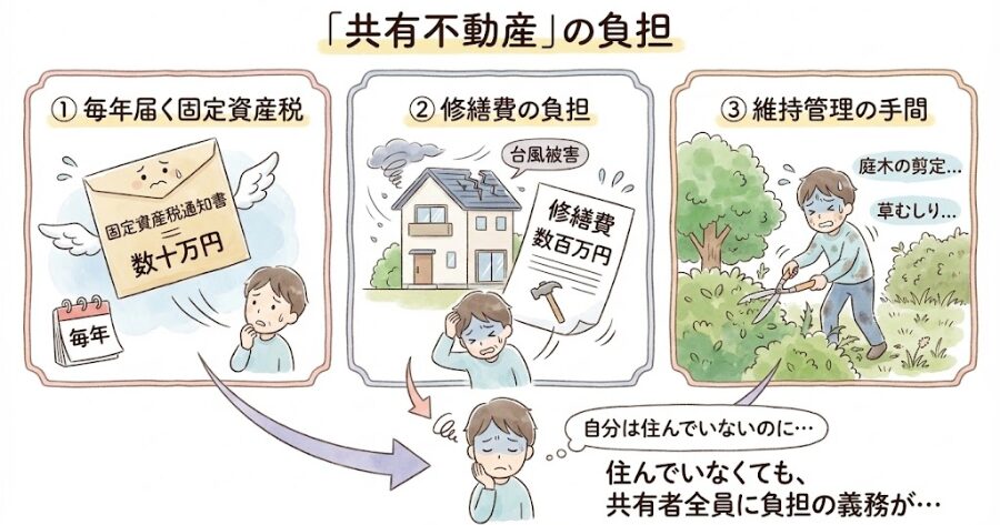 毎年届く数十万円の固定資産税
台風で屋根が壊れた時の数百万円の修繕費
庭木の剪定や草むしりの手間
上記をインフォグラフィック