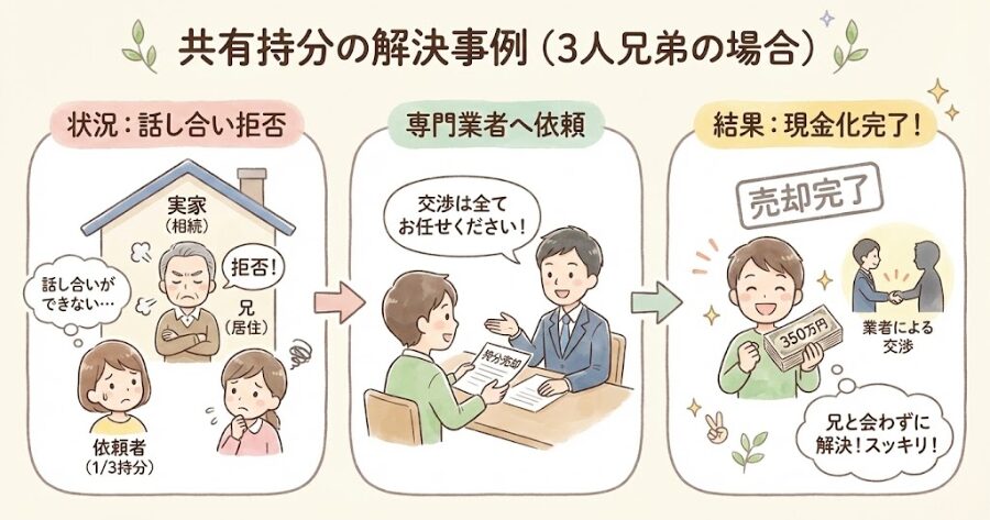 【解決事例】
3人兄弟で実家を相続。
兄が居住し、話し合いを拒否していたケースで、自分の持分（1/3）のみを350万円で売却。交渉は全て業者が行い、依頼者は一度も兄と顔を合わせずに現金化が完了した
上記をインフォグラフィック