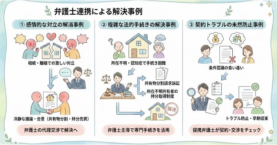 感情的な対立が激しい事例: 共有者同士が相続や離婚で激しく対立し、裁判も辞さない状況であったが、弁護士が代理人として交渉に入ったことで、冷静な議論が可能となり、共有物分割や持分売買に応じるようになった。  法的な手続きが複雑な事例: 共有者の一人が所在不明であったり、認知症で法律行為ができなかったりする場合でも、弁護士が主導して「共有物分割請求訴訟」や「所在不明共有者の持分取得制度」などの専門的な法的手続きを活用し、解決に導いた。  契約時の紛争を未然に防いだ事例: 買取業者と売主の間で条件認識の食い違いなどが生じた際に、提携弁護士が契約内容や交渉プロセスをチェック。トラブルを未然に防ぎ、早期収束させた。  上記をインフォグラフィック