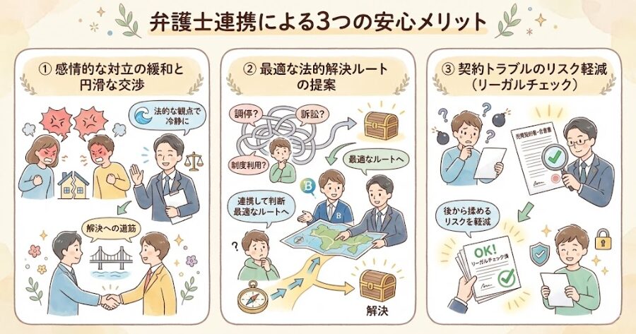感情的な対立の緩和と円滑な交渉: 共有者同士の感情的な対立が強い案件でも、弁護士が代理人となることで、法的な観点から冷静な交渉が可能となり、解決への道筋をつけやすくなります。
最適な法的解決ルートの提案: 調停や訴訟、所在不明共有者に関する制度利用など、複雑な法的手続きが必要となる場合でも、ブリリアント単独で判断せず、連携する弁護士と共に最適な解決ルートを提案します。
契約トラブルのリスク軽減（リーガルチェック）: 売買契約書や合意書などの重要書類に弁護士によるリーガルチェックが入るため、「後から条件で揉める」といったリスクを大幅に軽減できます。
上記をインフォグラフィック