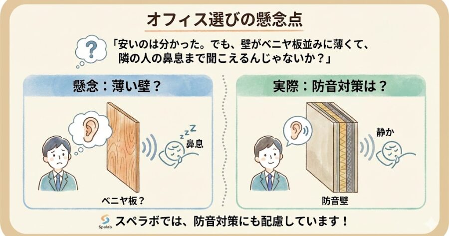 「安いのは分かった。でも、壁がベニヤ板並みに薄くて、隣の人の鼻息まで聞こえるんじゃないか?」 ビジネス風インフォグラフィック