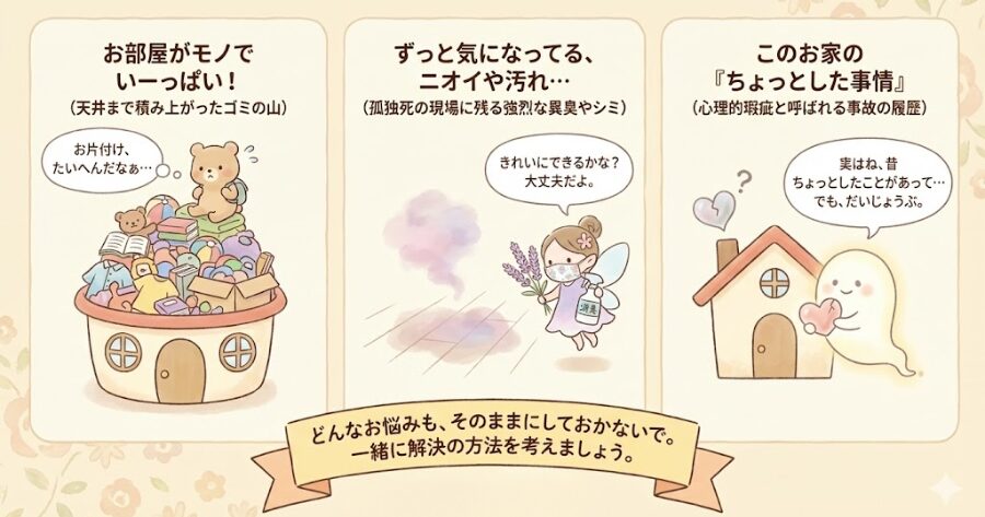 天井まで積み上がったゴミの山
孤独死の現場に残る強烈な異臭やシミ
「心理的瑕疵(かし)」と呼ばれる事故の履歴
上記をインフォグラフィック