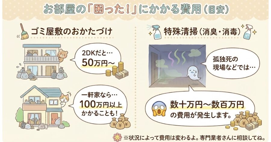 ゴミ屋敷の片付け: 2DKで50万円〜、一軒家なら100万円以上かかることも。 特殊清掃(消臭・消毒): 孤独死の現場などでは、数十万円〜数百万円の費用が発生します。
インフォグラフィック