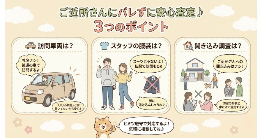 訪問車両: 「〇〇不動産買取」といった社名がデカデカと書かれた車は使いません。ごく普通の乗用車で訪問します。
スタッフの服装: スーツではなく、近隣に溶け込むような私服で訪問することも可能です。
聞き込み調査: 近隣住民への聞き込みは行いません。物件の外観や内部の状況だけで査定を行います。
上記をインフォグラフィック