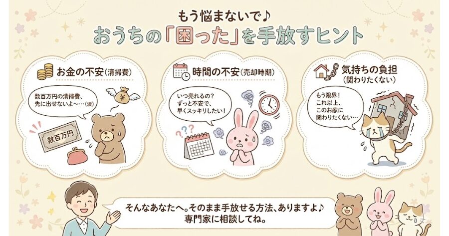 数百万円の清掃費を先出ししたくない
いつ売れるか分からない不安から、一日でも早く解放されたい
これ以上、この物件に関わりたくない
上記をインフォグラフィック